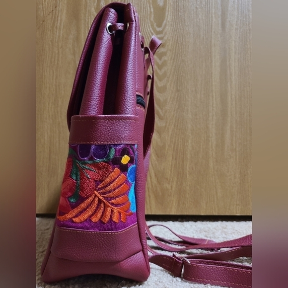 Faux Leather Floral Embroidered Backpack Purse - Picture 5 of 8